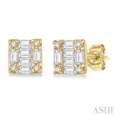1/6 ctw Square Shape Baguette and Round Cut Diamond Petite Fashion Earring in 10K Yellow Gold.